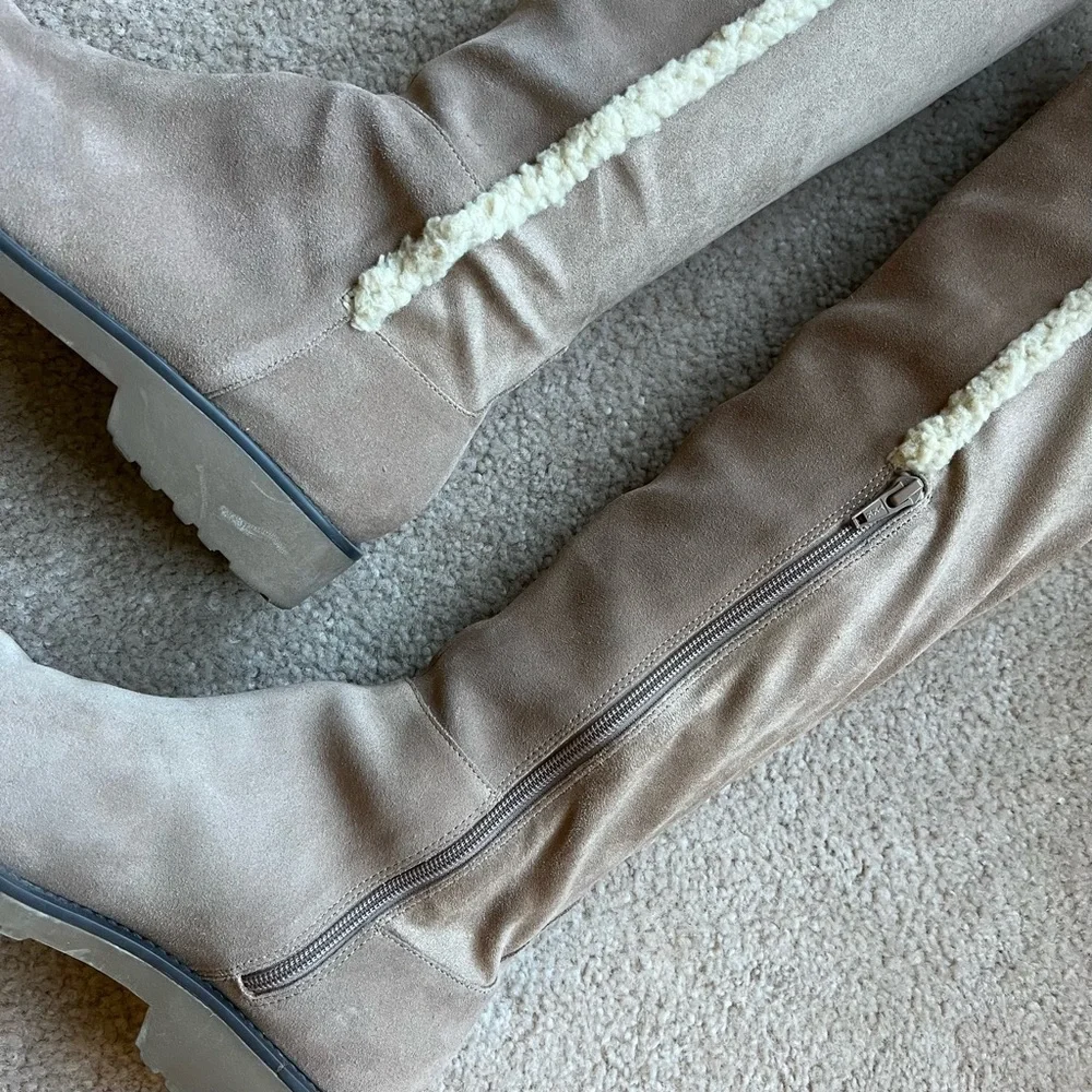 Sole Society “Juno” Over the Knee Boot Suede w Faux Shearling Trim - Taupe